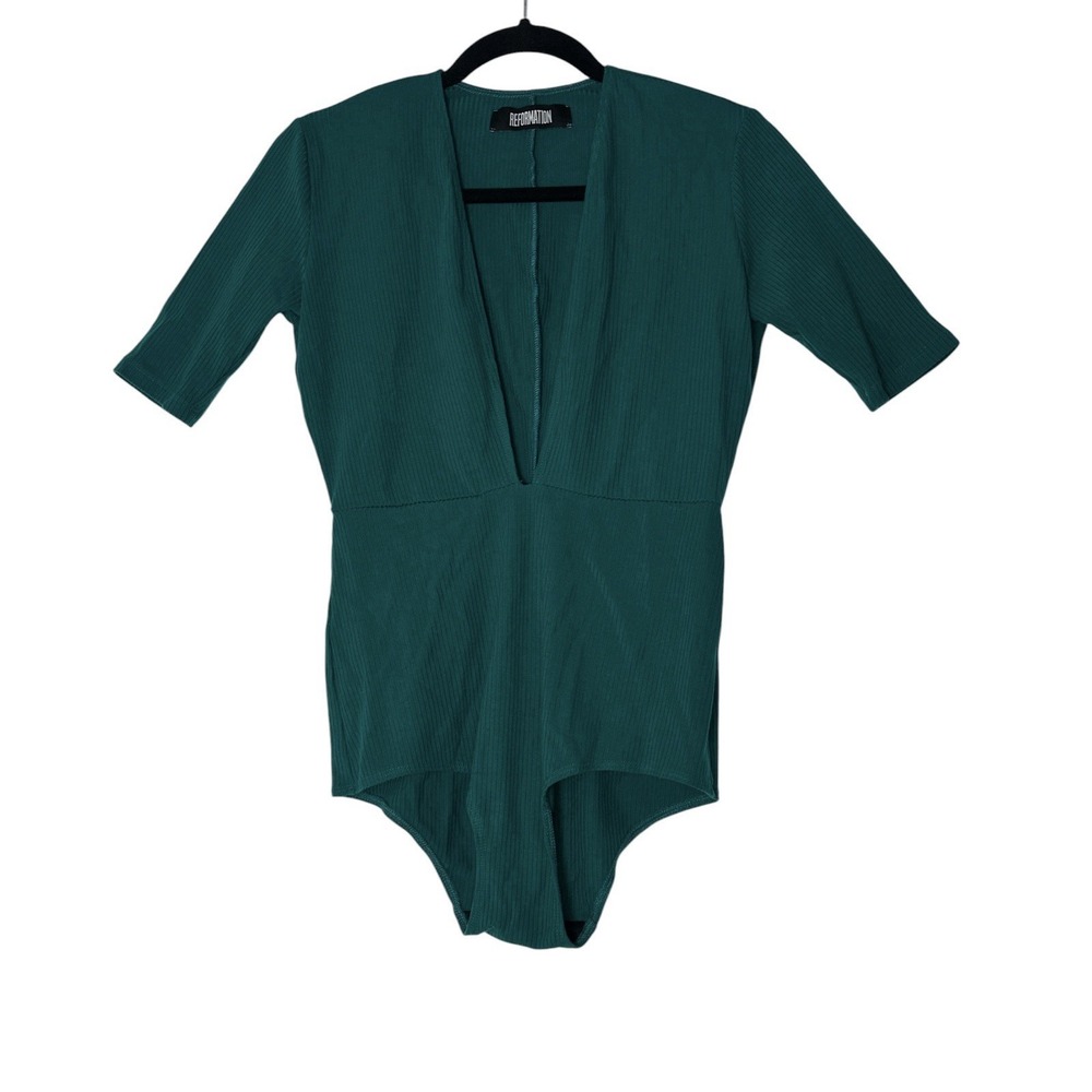 Reformation‎ Bodysuit Women's Medium Short Sleeve V-Neck Ribbed Stretch Green